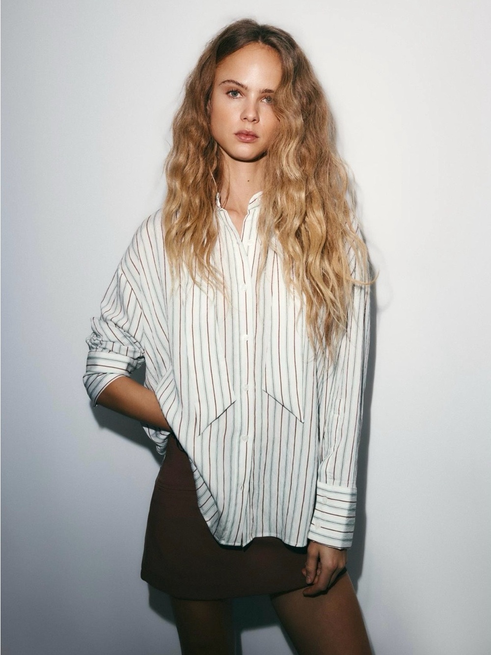 BNWT Zara Mint Chocolate Flowy Striped Scarf Button Down Shirt